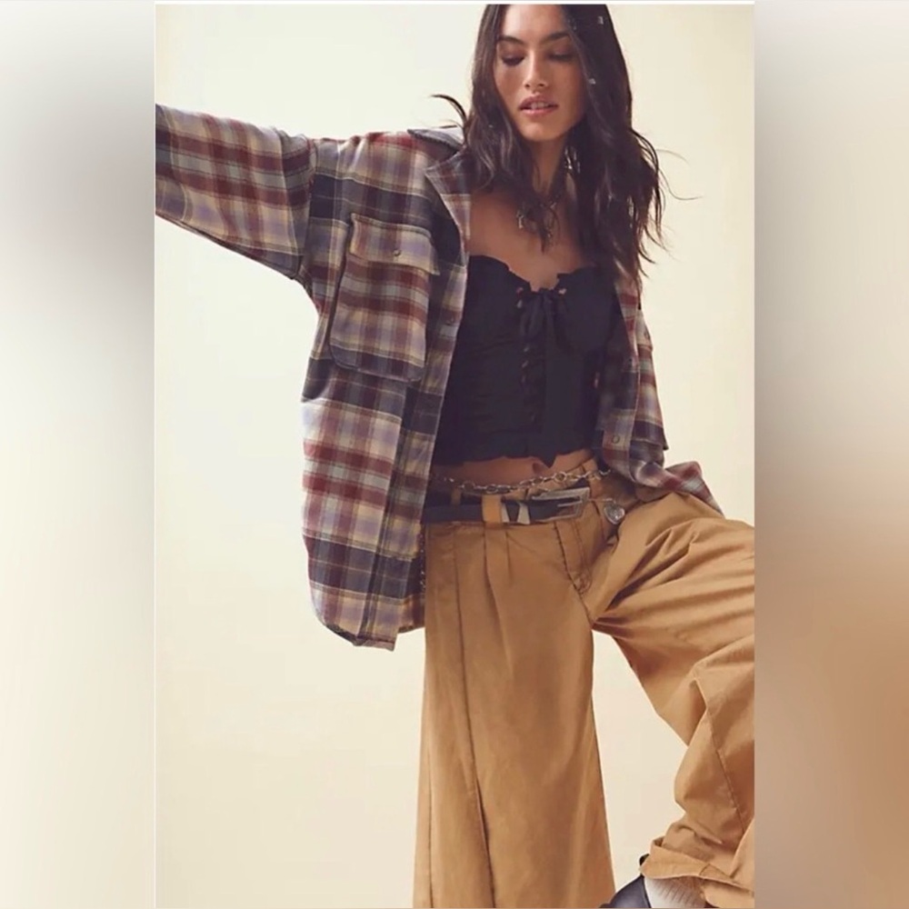 We The Free - Free People - Izzy Cargo Shirt - Navy Combo Plaid Flannel - Small